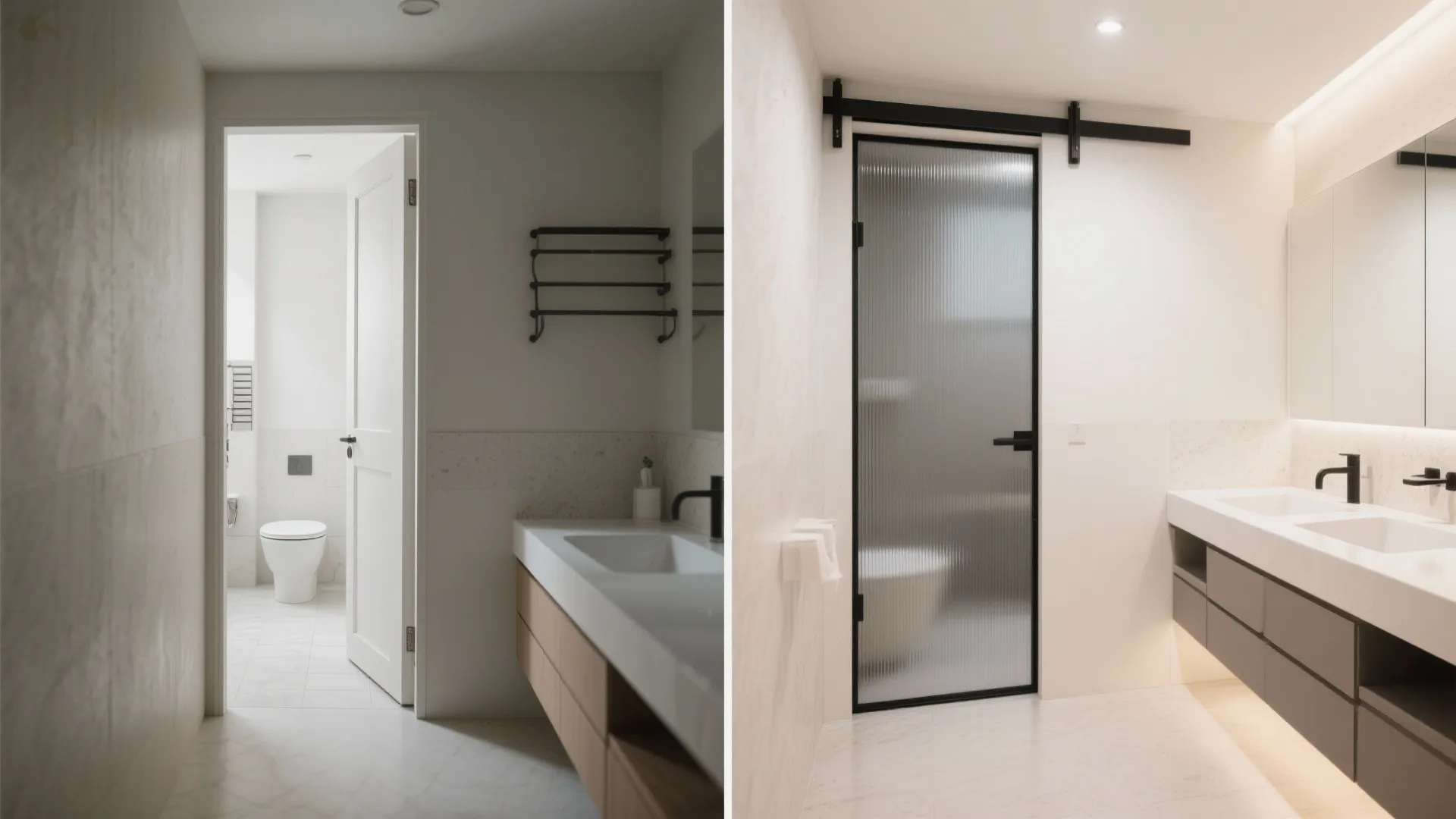 Before and after comparison of a standard white hinged door versus a black sliding door