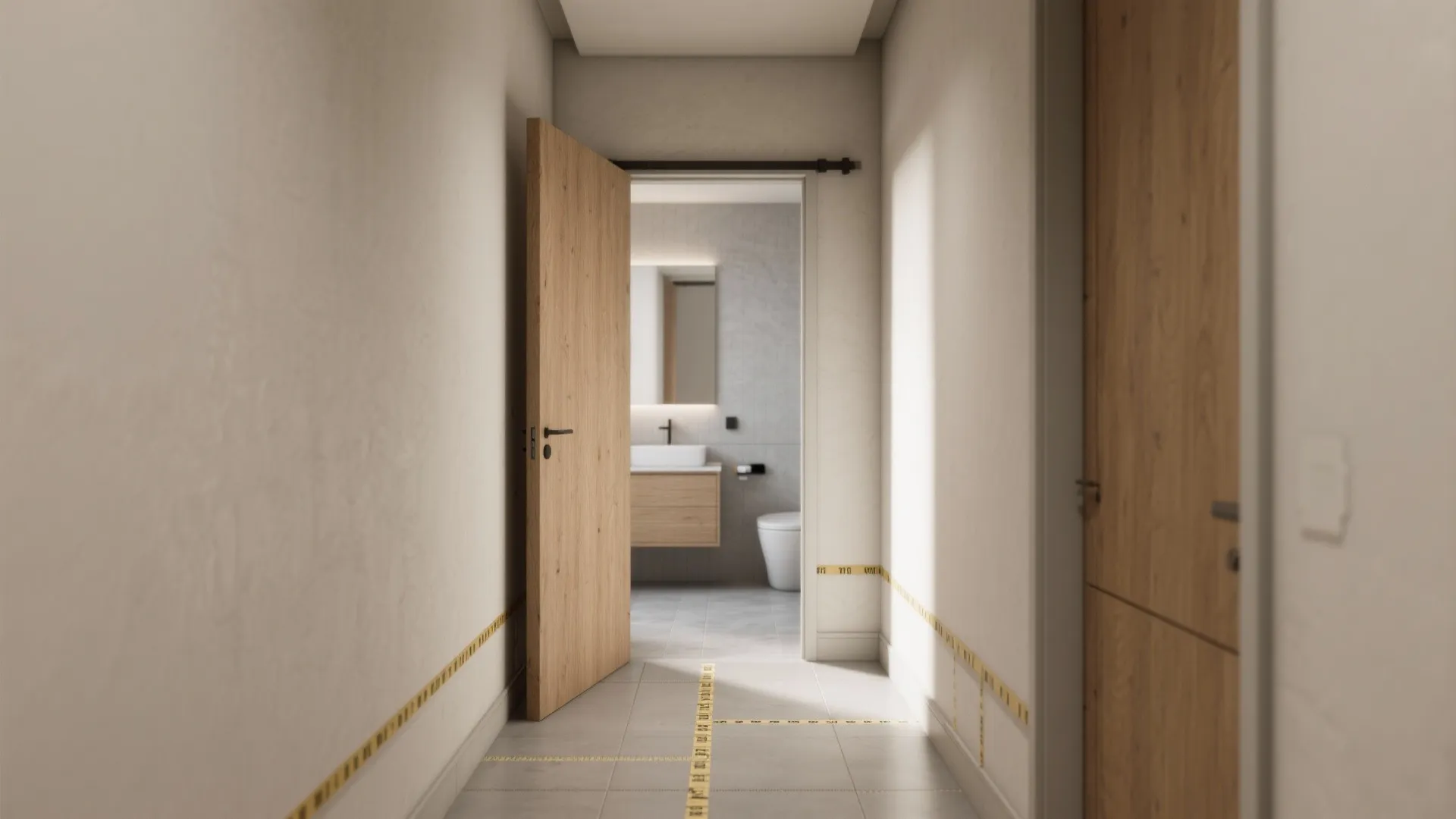 Narrow hallway with wooden doors leading to bathroom featuring white sink and light wood cabinet