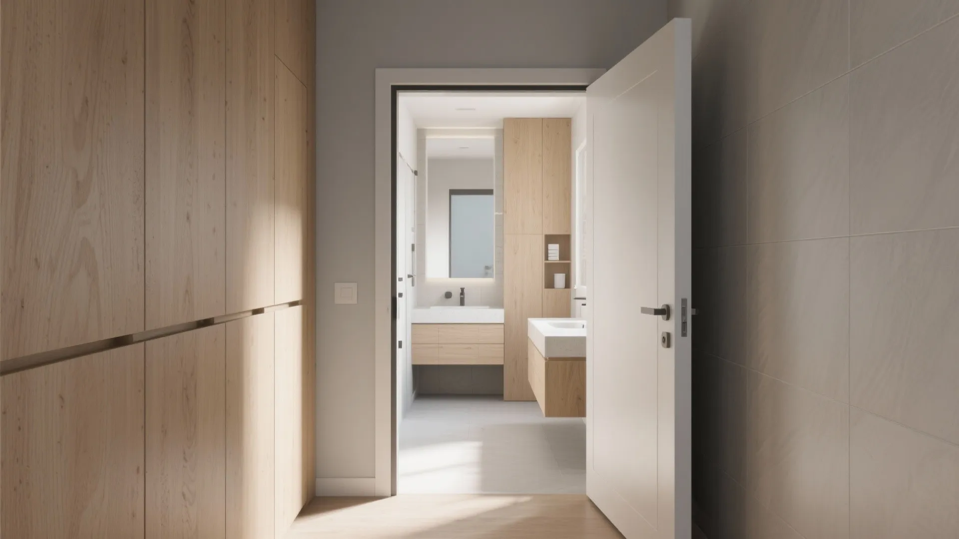 Pocket door opening to a narrow bathroom with clear corridor and floating vanity.