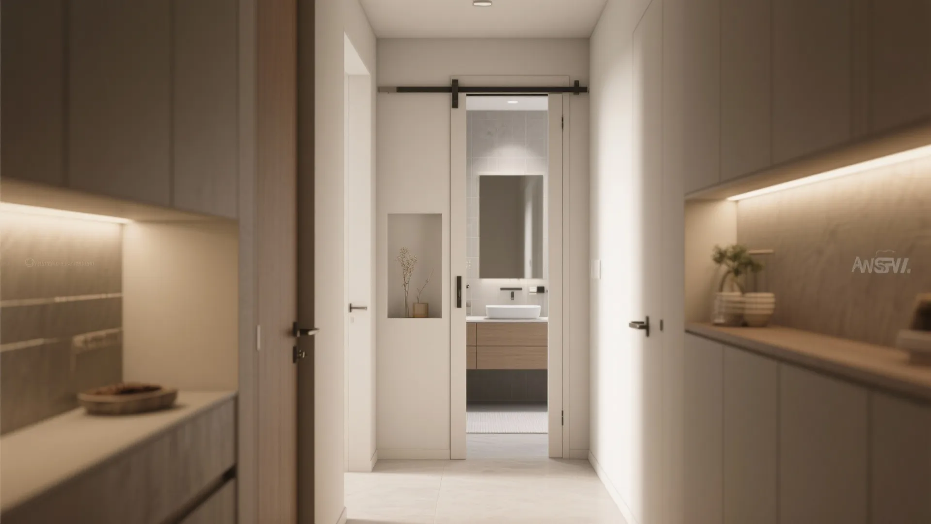 Modern white sliding door in hallway leading to a bathroom with wooden cabinet and wall mirror