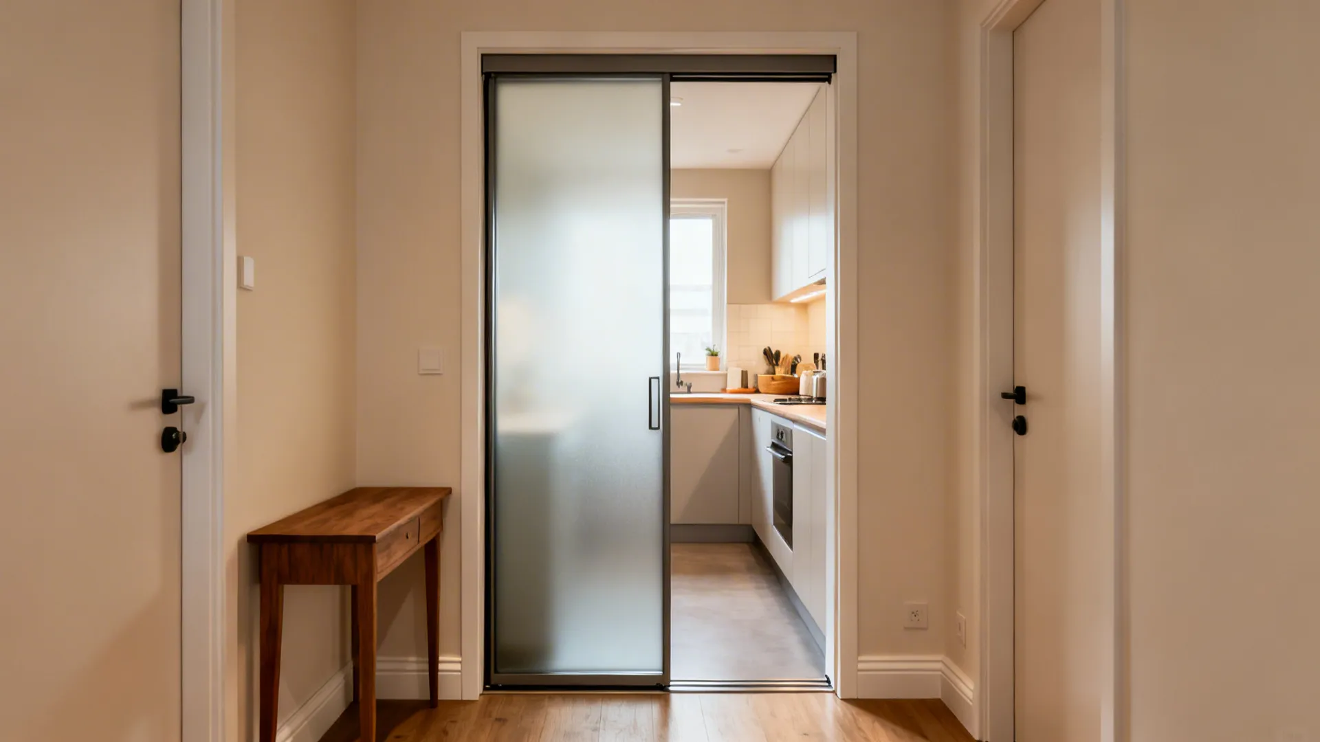 Frosted glass pocket door disappearing into the wall in a tight corridor.