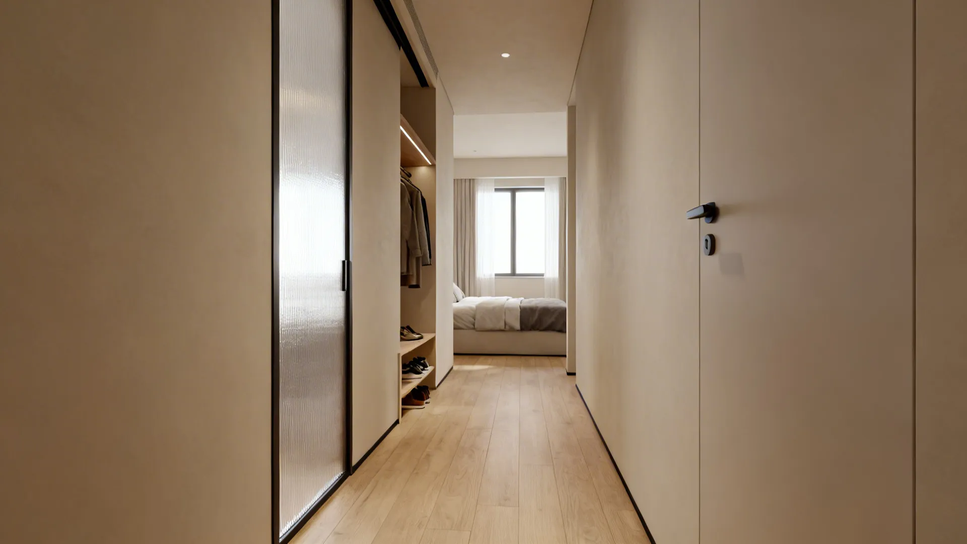 Narrow corridor with frosted glass pocket door and slim coat niche maximizing usable width.
