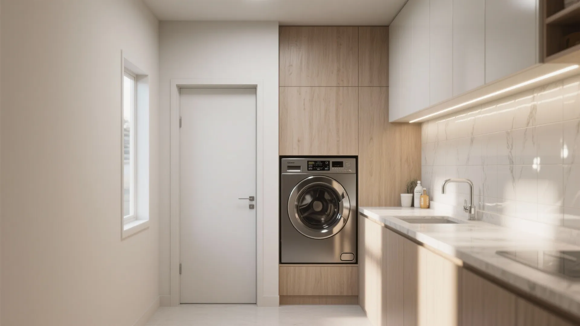 Minimalist laundry area with silver washing machine wood cabinets white door window and marble countertop