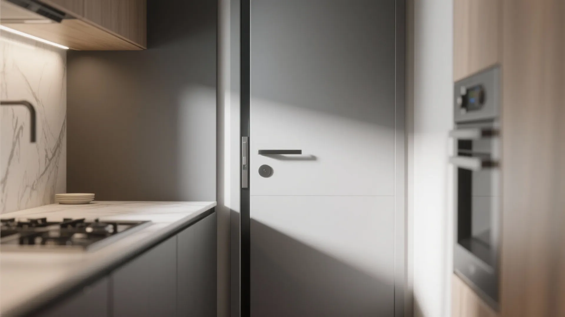 Close-up of pocket door in small kitchen