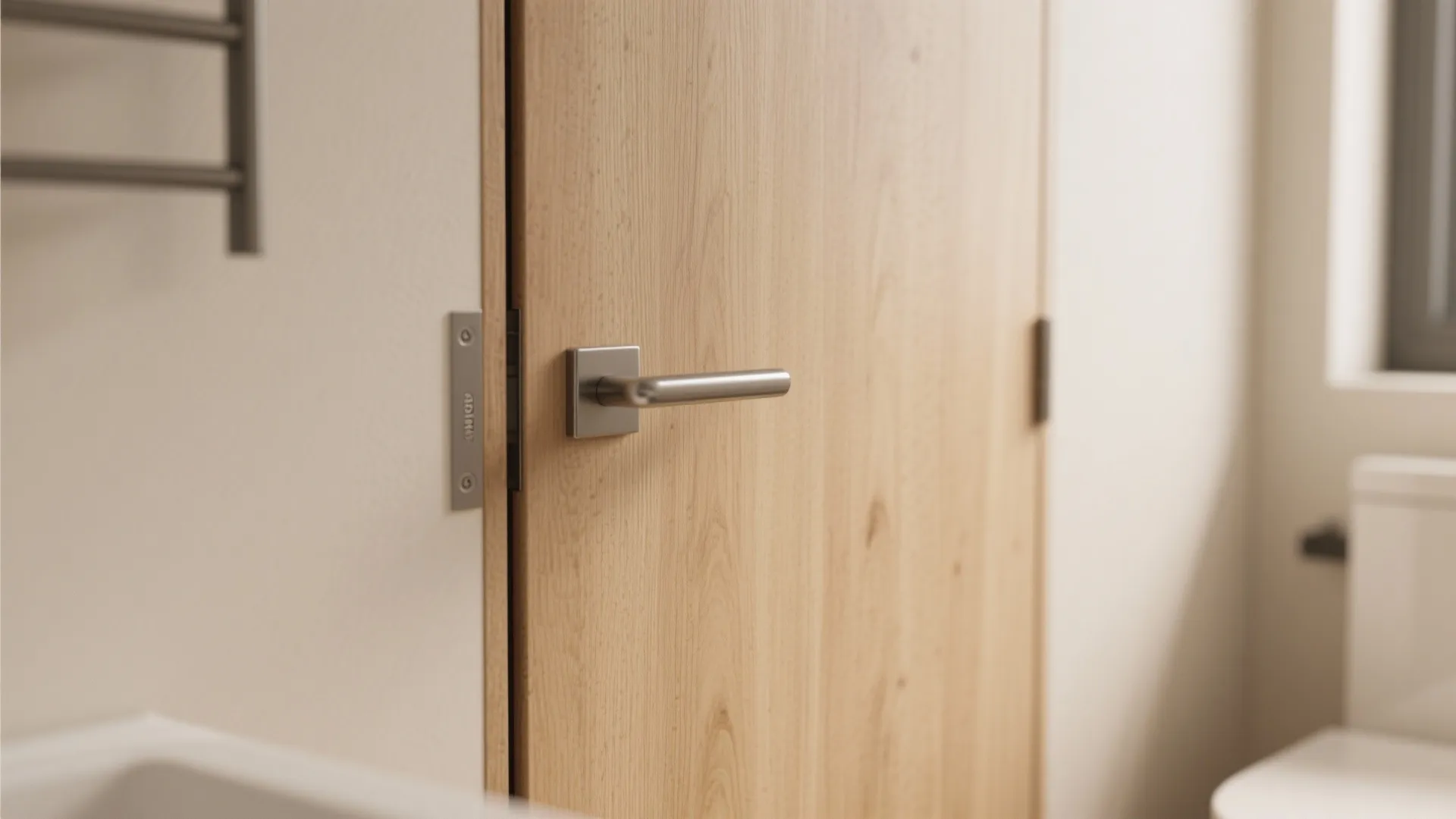 Close up of a wooden sliding door with silver handle in a modern bright bathroom