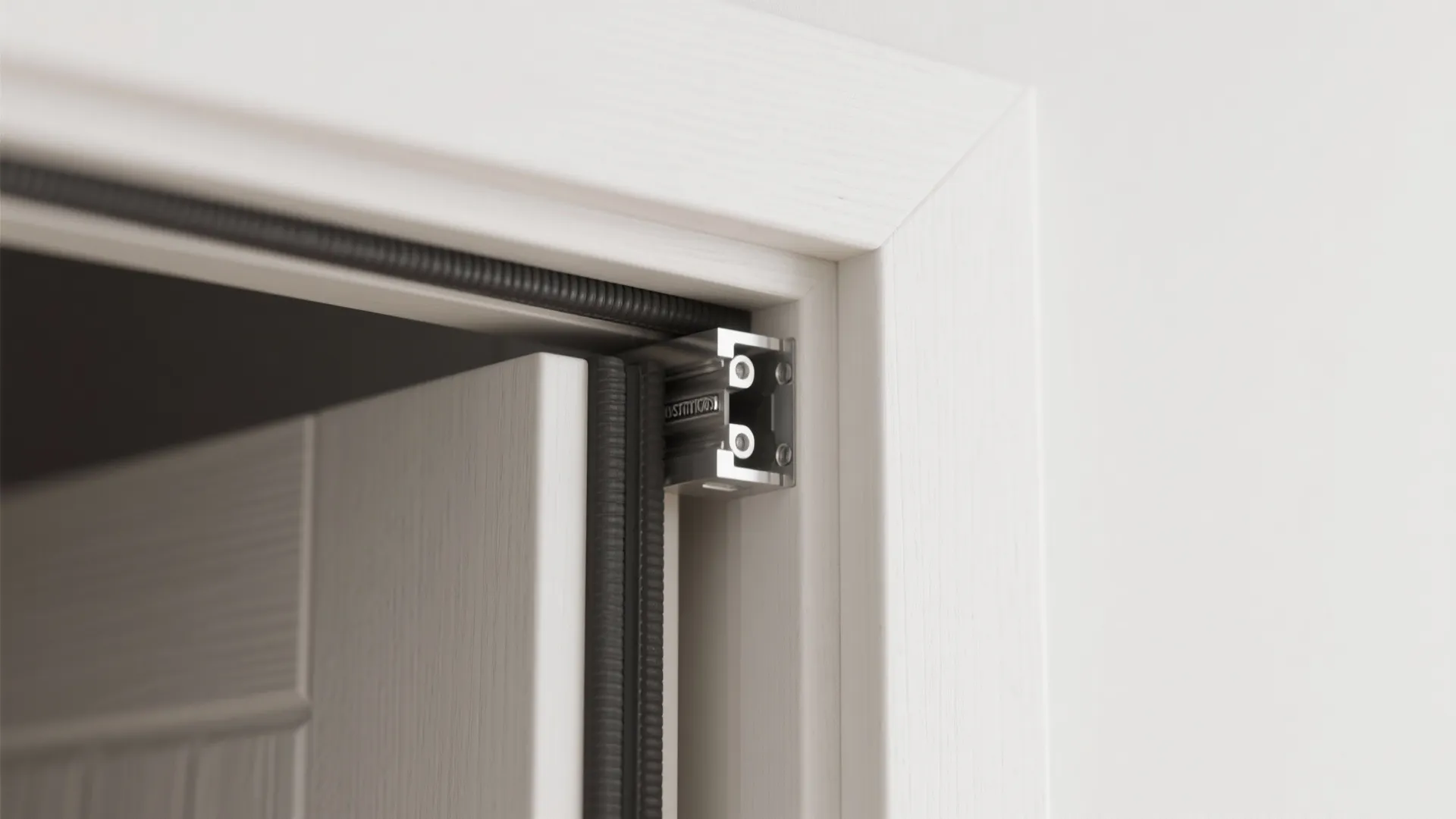 Macro of pocket door edge showing gaskets, track, and clean trim alignment.