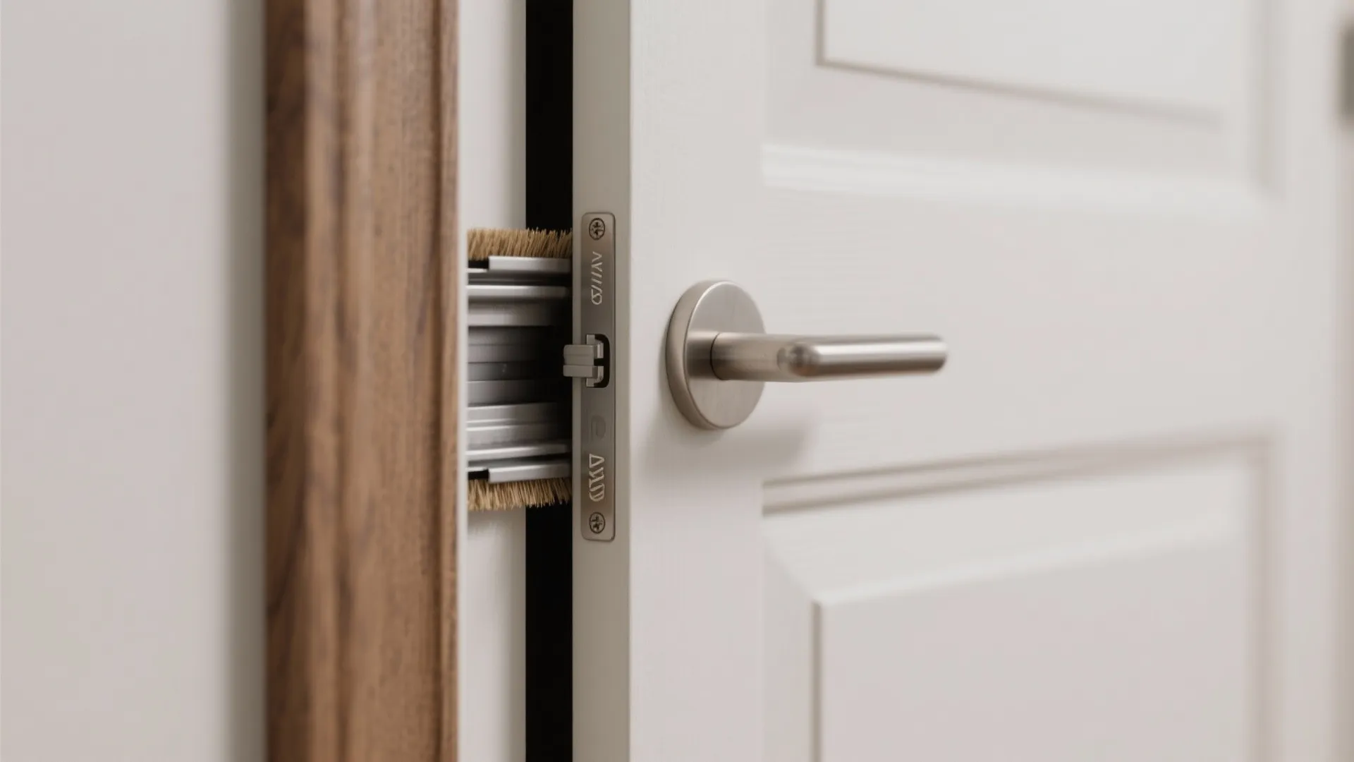 Close up of white wooden door with silver handle showing the sliding brush seal frame detail