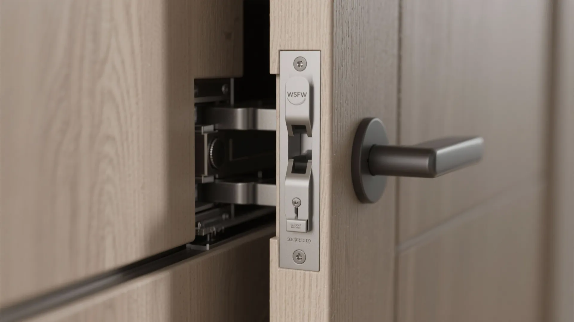 Macro of a pocket door with soft-close track and slim floor guide.