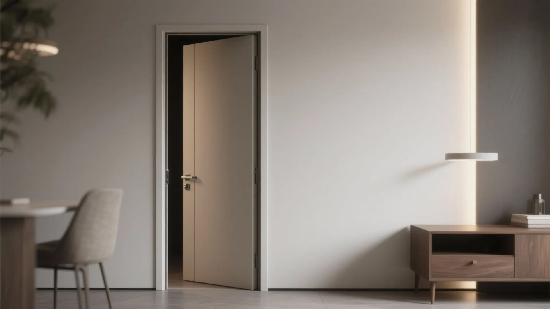 Modern room with open beige door, white wall, wooden cabinet, and small wall light fixture