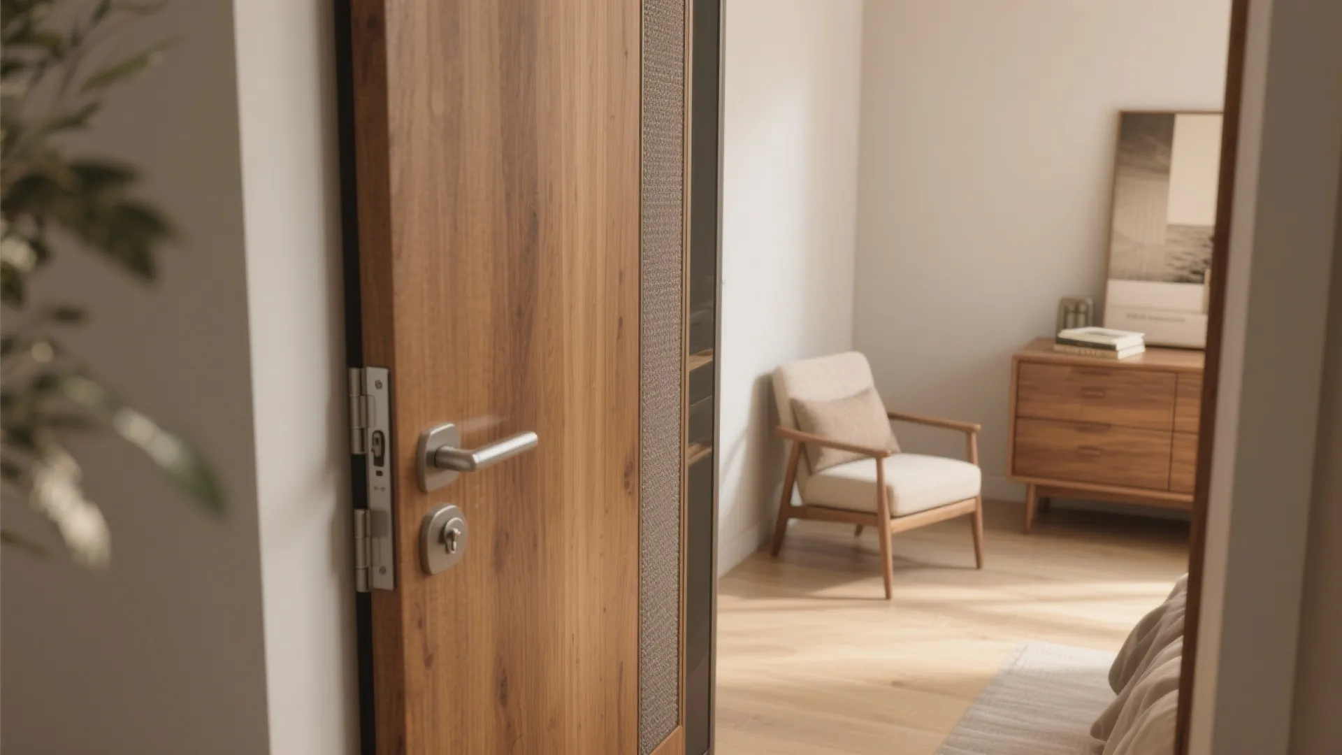 Solid-core pocket door detail with acoustic seal and warm wood finish revealing extra floor space