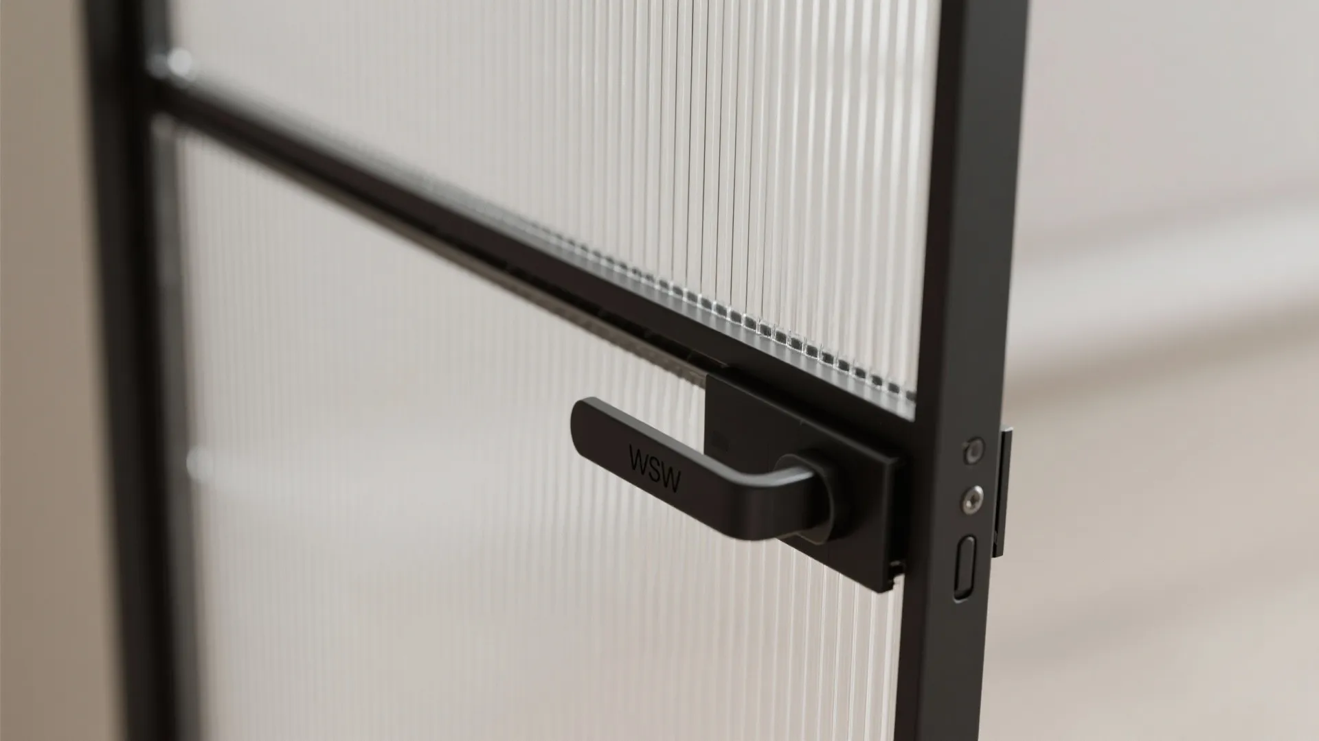 Modern black metal frame glass door with vertical lines and a simple black handle design