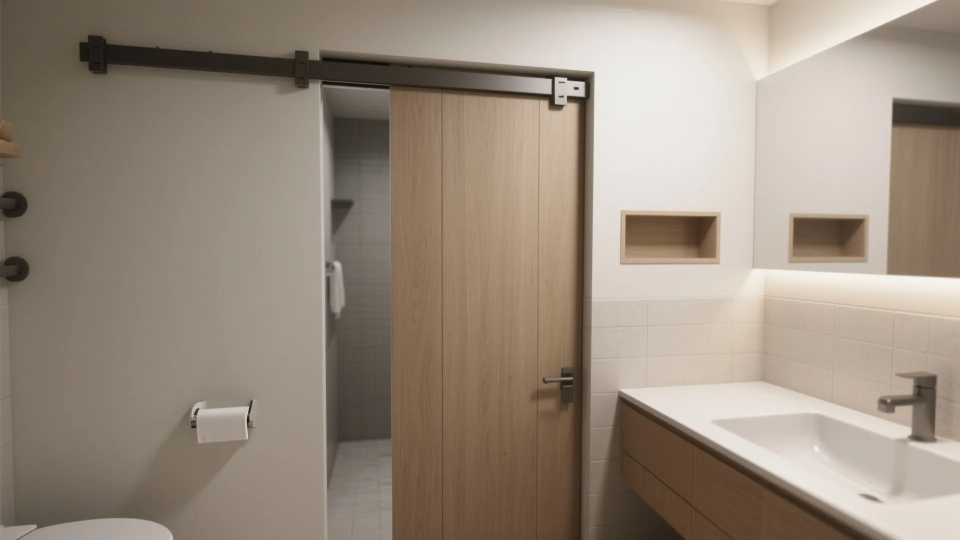 Modern bathroom featuring wooden sliding door, white vanity sink, large mirror, and toilet paper holder