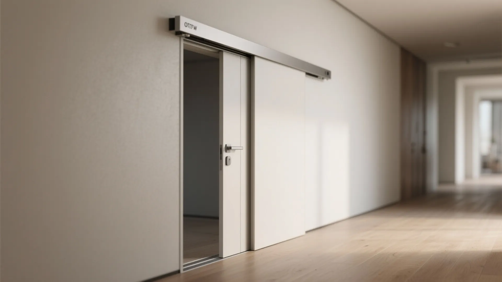 Slim pocket door retracted into wall showing space-saving detail and hardware