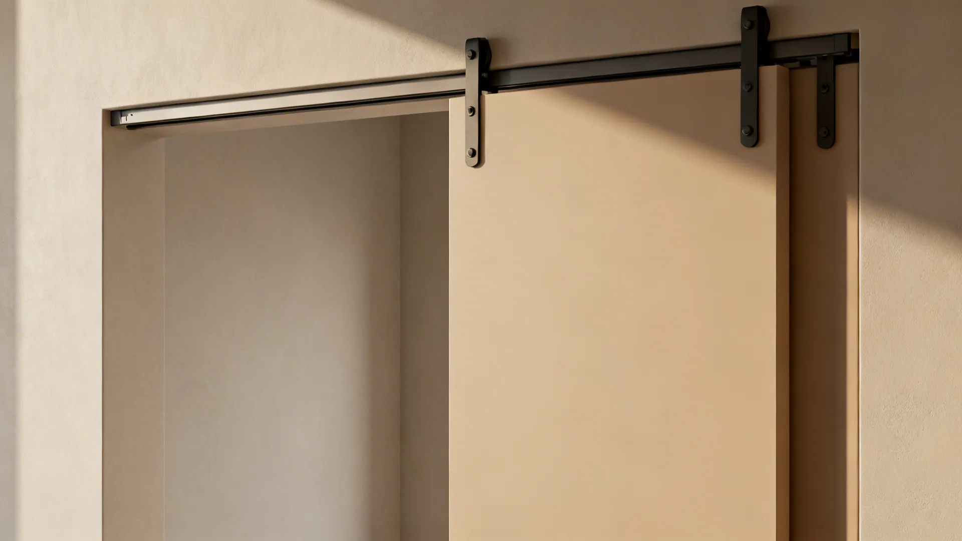 Beige sliding door with black metal track rollers on light wall with warm natural sunlight