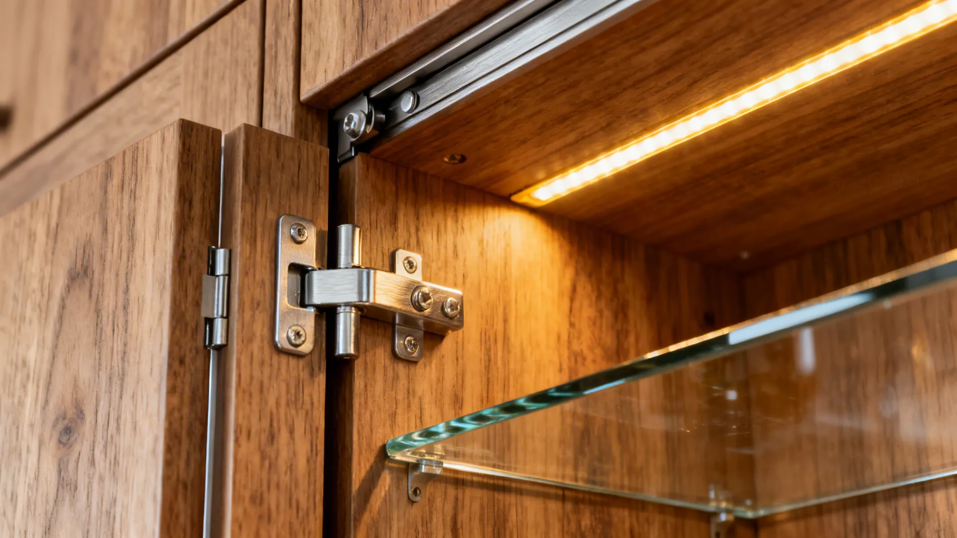 Close-up of pocket-door track and warm LED inside a pantry mini bar.