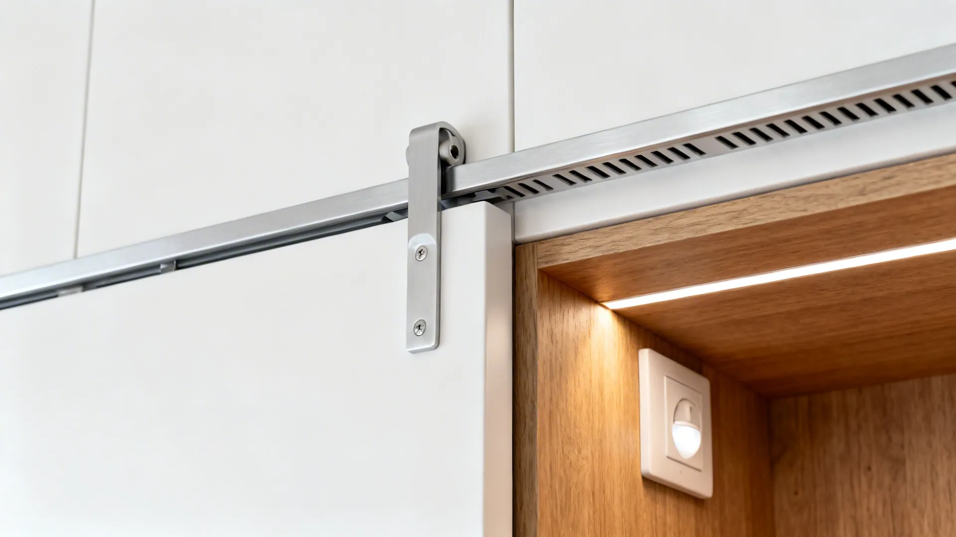 Close up of a white sliding door with metal track next to a wood wall niche