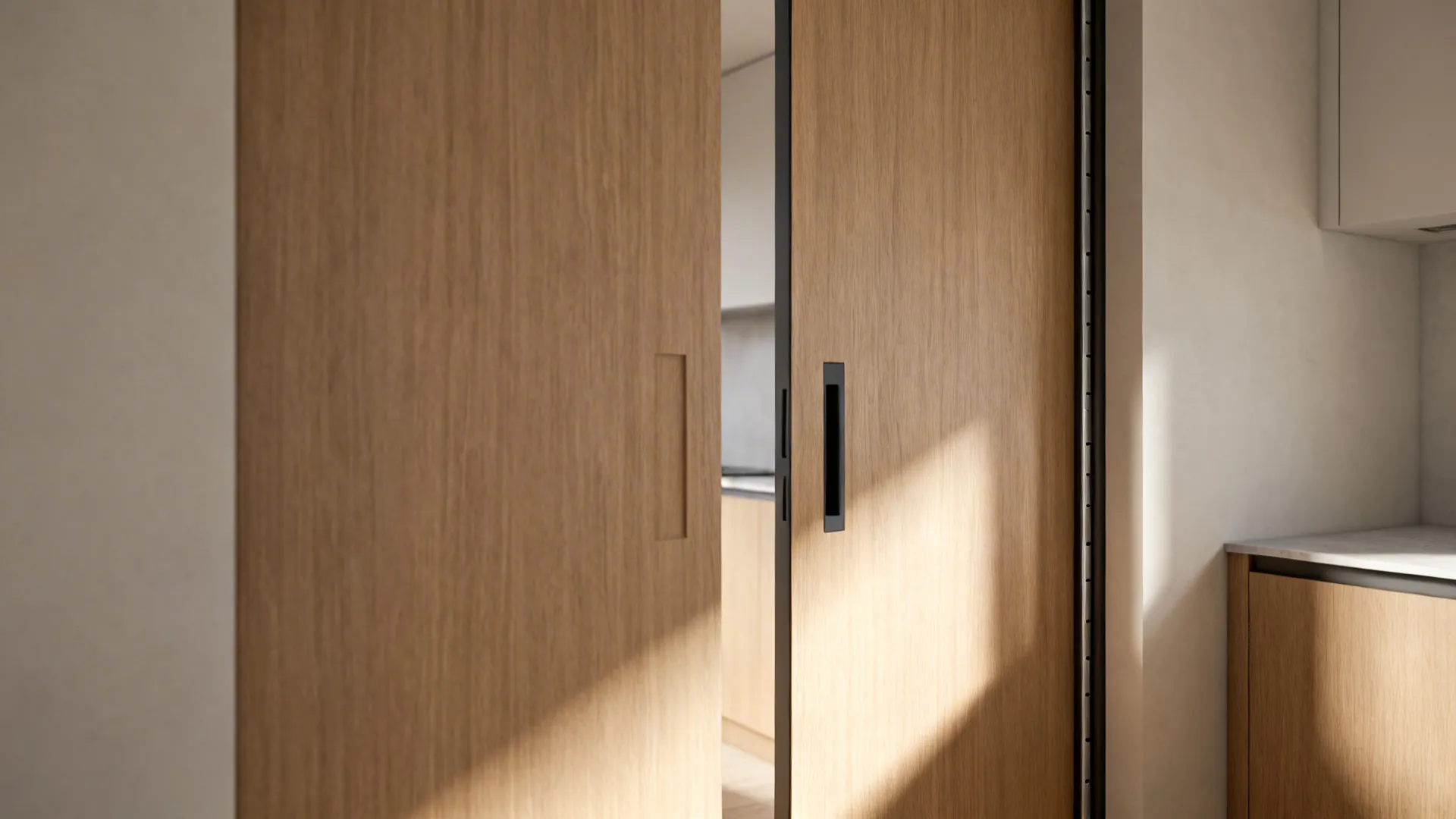 Slim pocket pantry door sliding into a hidden wall cavity, showing flush handle and wood grain.