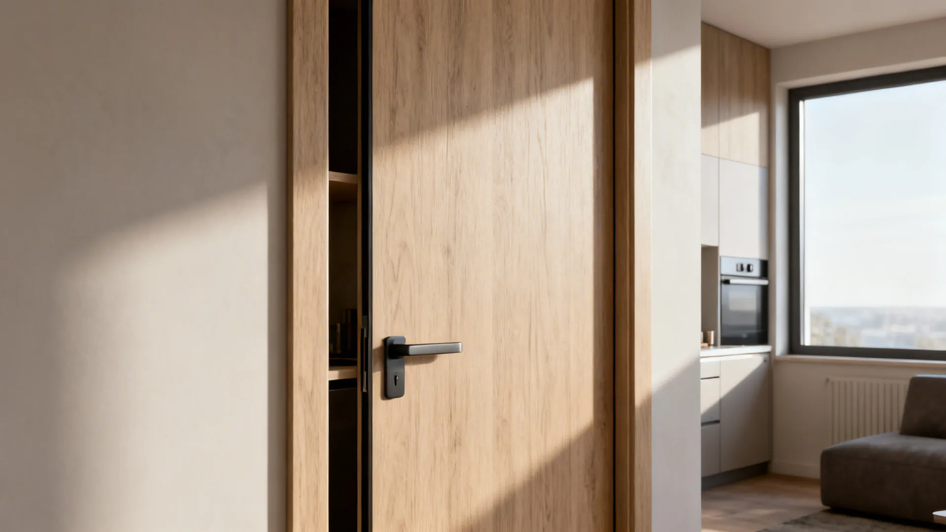 Close-up of a pocket door recessed into a wall between kitchen and living area.