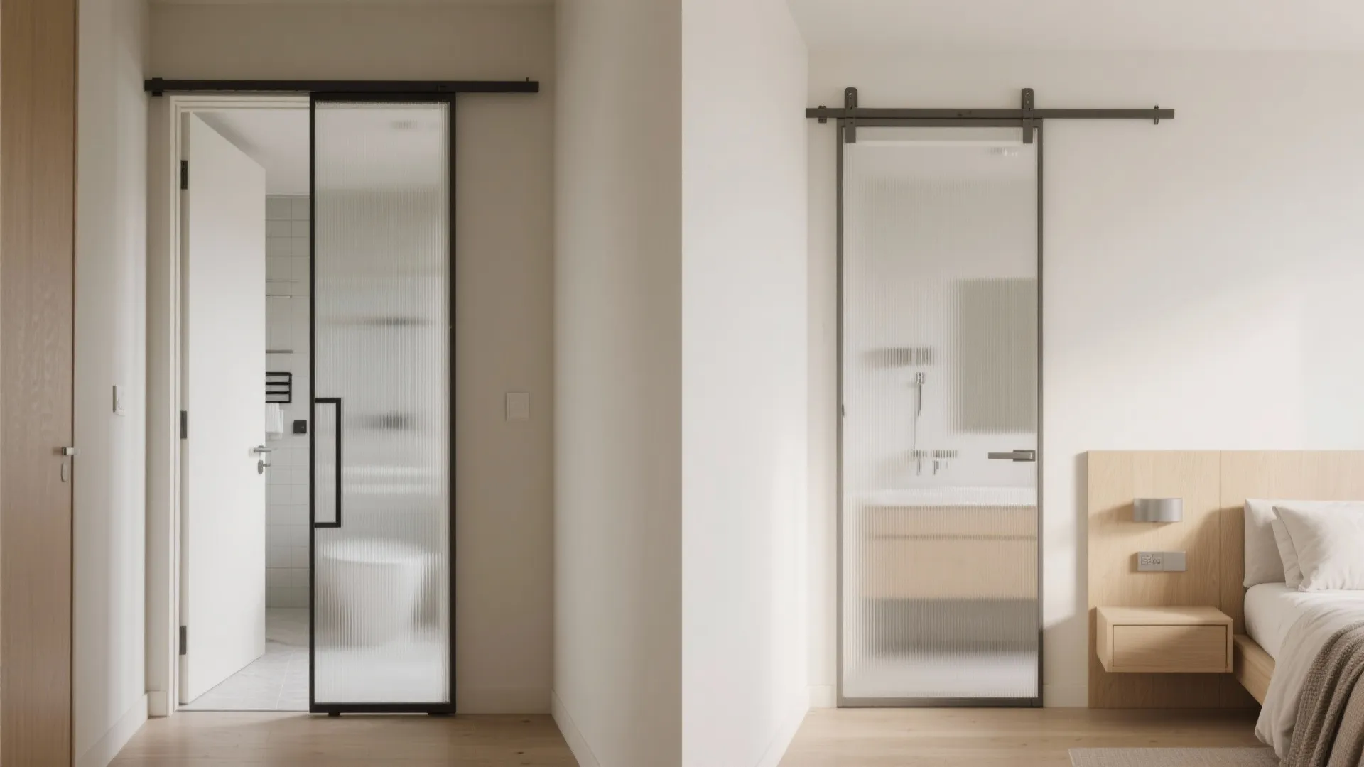 Sliding glass door with black frame between a bright white bedroom and a modern bathroom