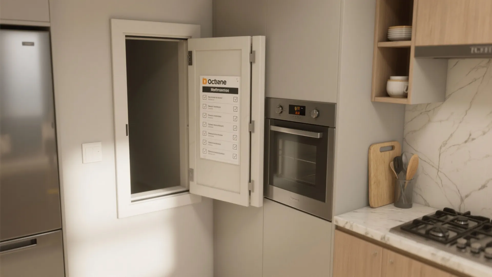 Small kitchen scenarios showing in-wall and retrofit pocket door cabinets with maintenance checklist