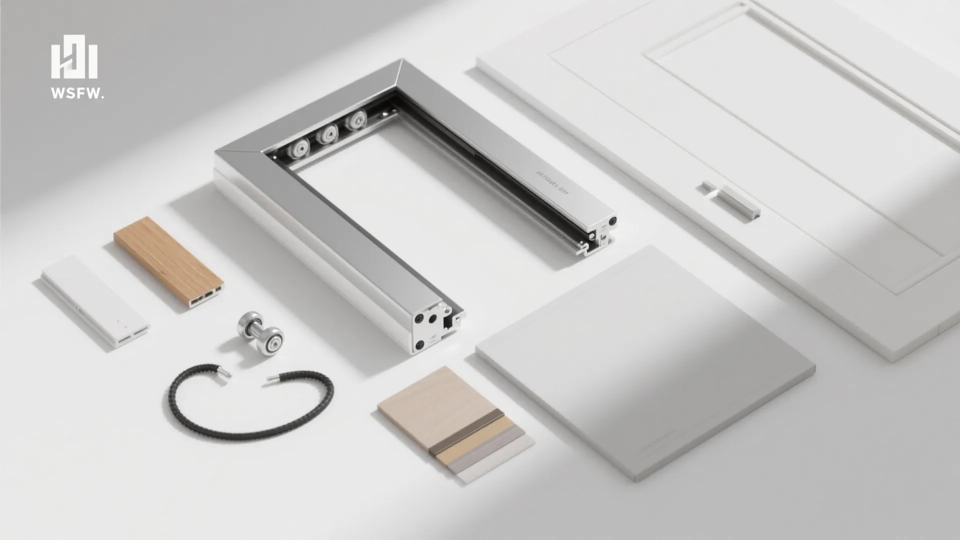 Flat lay of pocket door hardware and gaskets arranged neatly on a neutral surface.