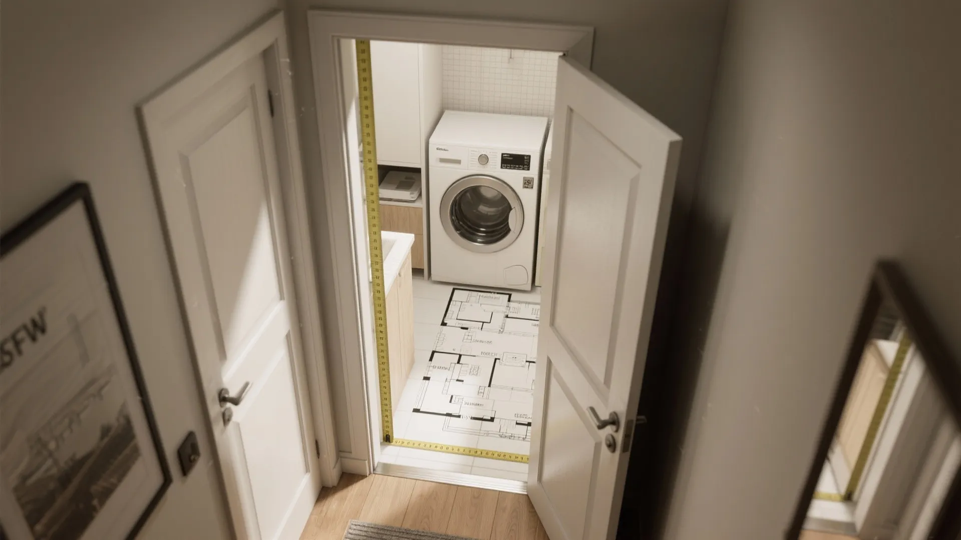 Measurement tape across a doorway leading to a small laundry room with a floor plan