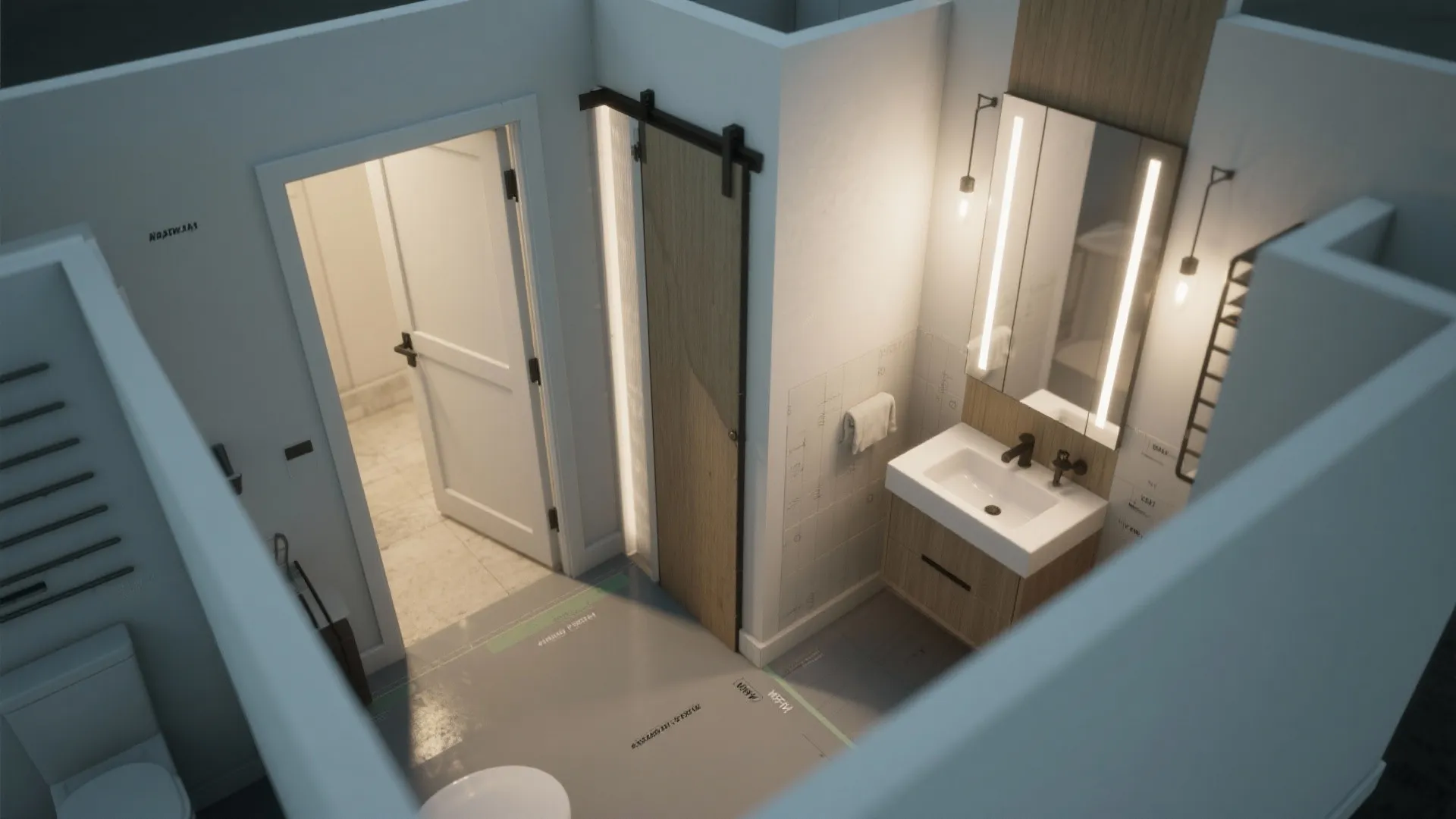 Top down view of a bathroom layout with a sliding wood door and a sink