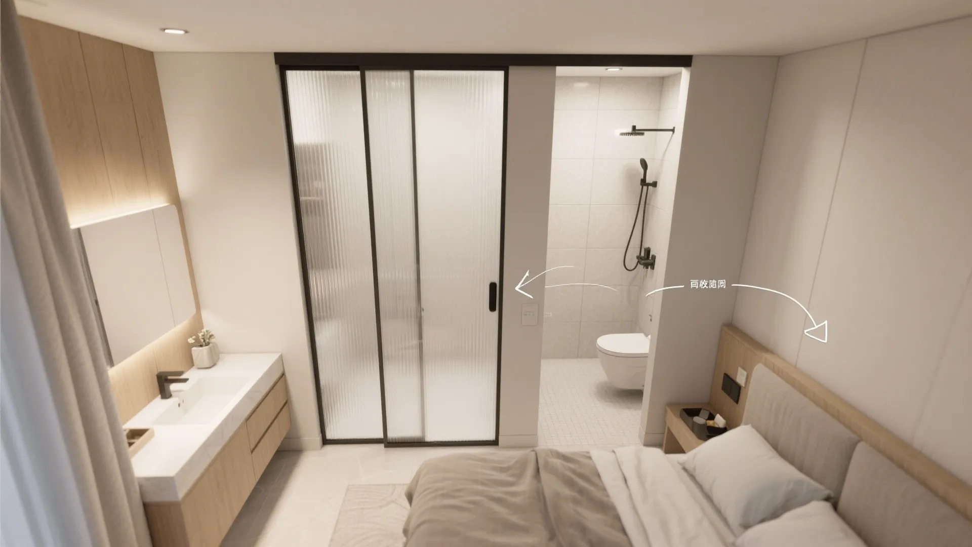 Top-down view showing a pocket or frosted glass slider improving ensuite circulation.