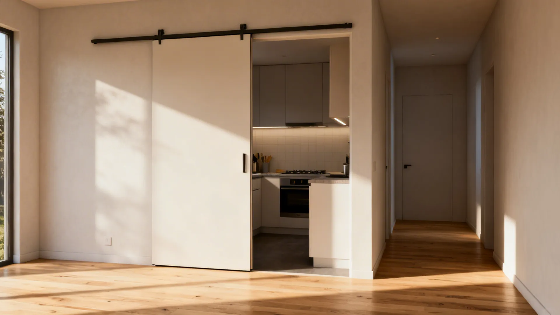 Small kitchen with a retracted pocket door and clear circulation path, showing improved flow.