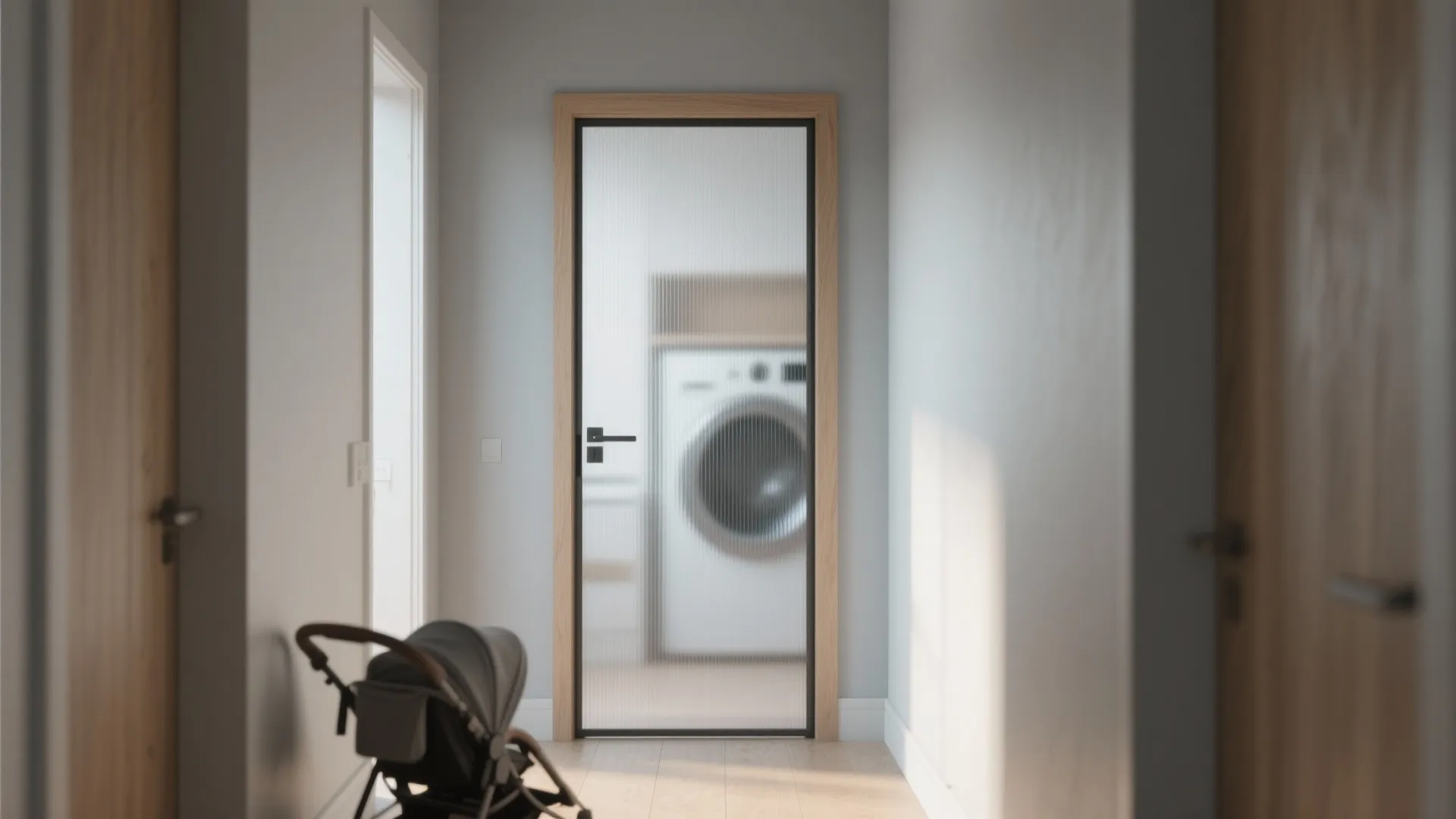 Modern hallway with frosted glass door leading to a laundry room featuring white washing machine