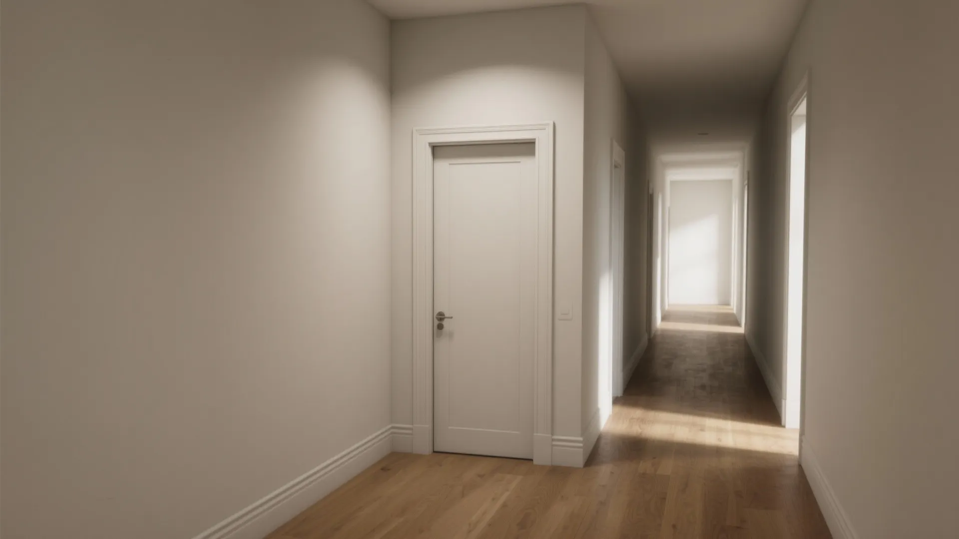 Modern bright hallway with white walls wooden floor and a white door leading to rooms