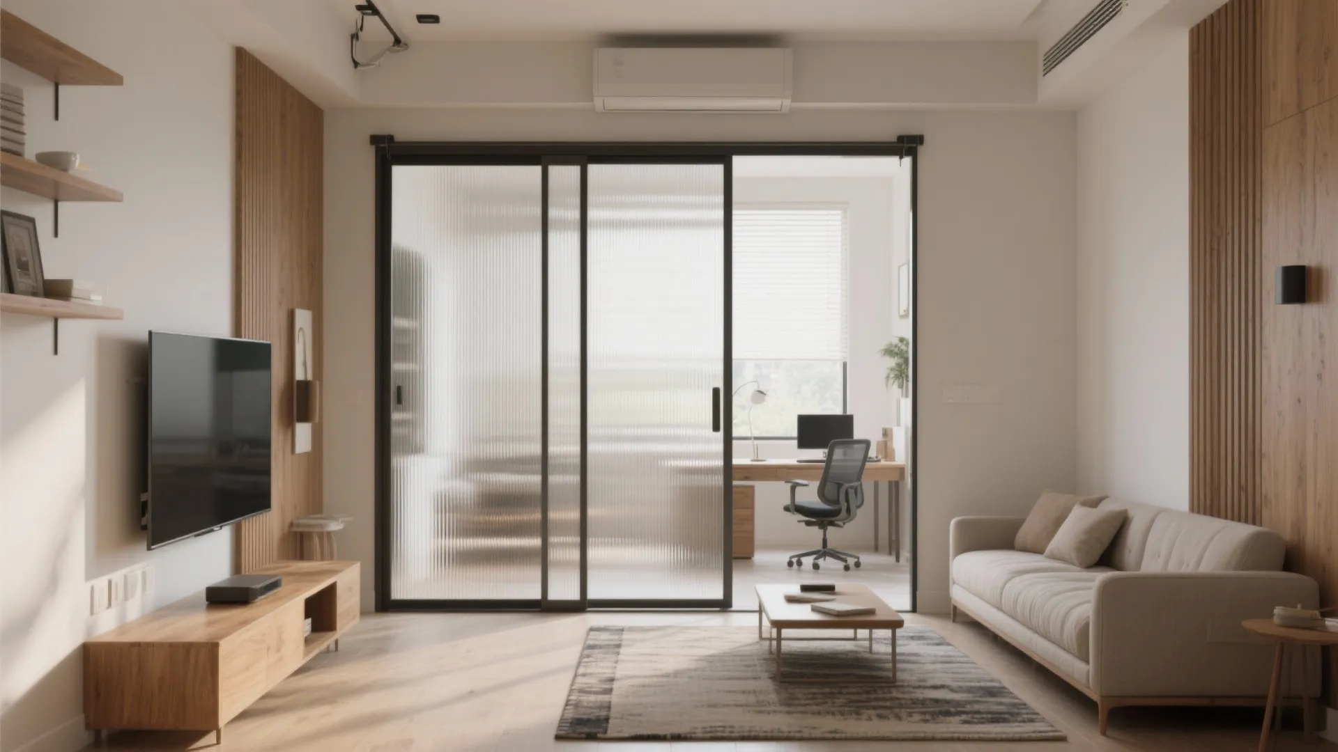 Modern living room featuring a glass sliding door that leads into a small home office