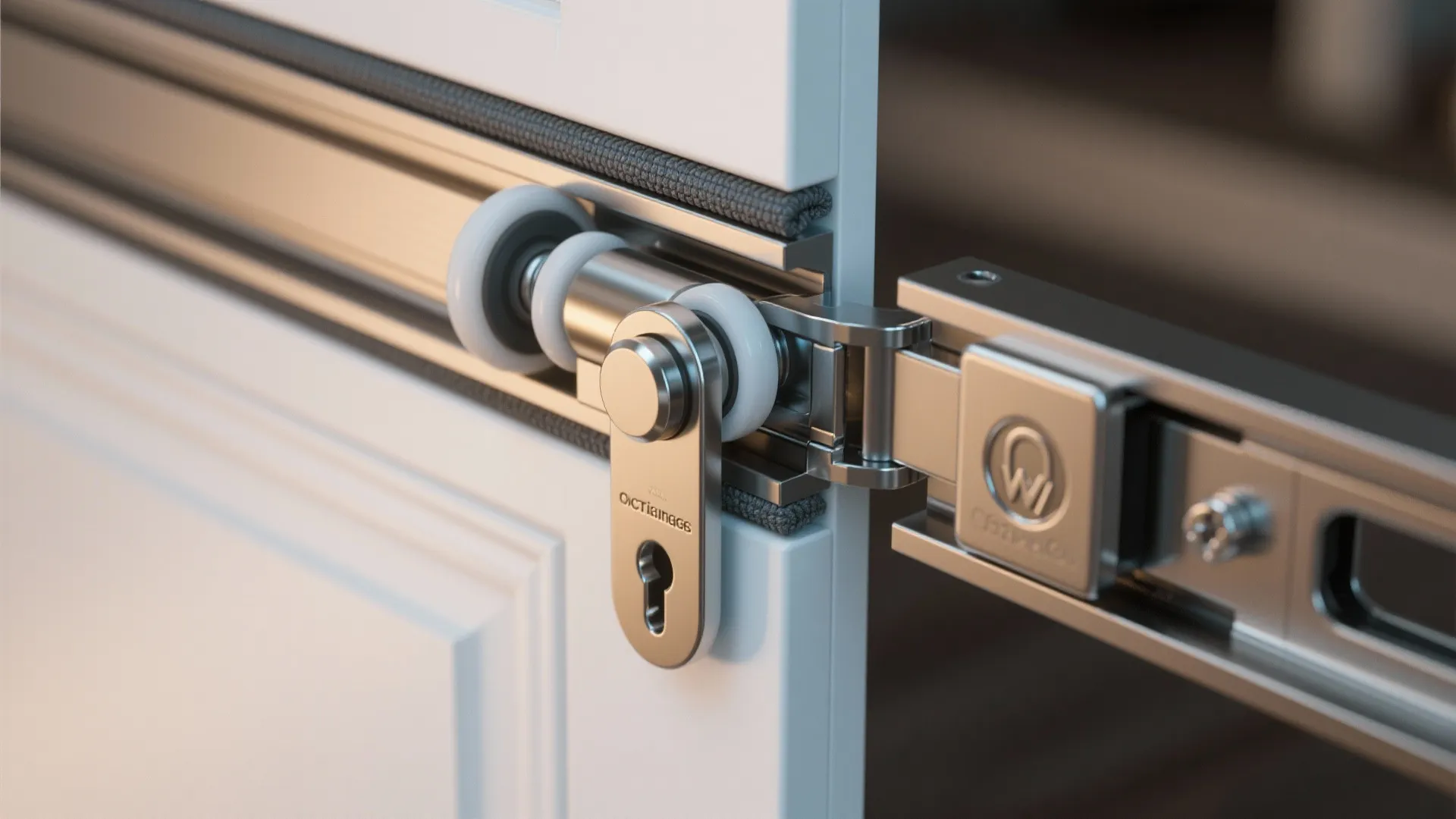 Close-up of pocket door rollers, track and perimeter seal highlighting durable hardware