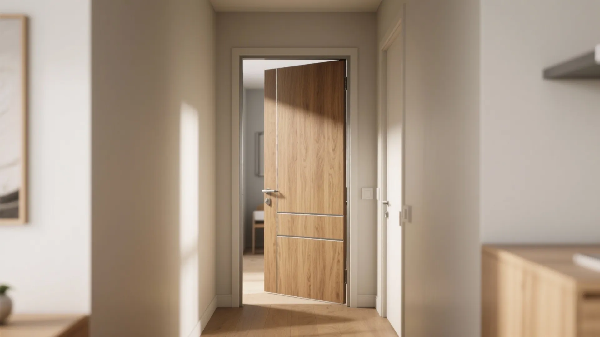 Light wood door standing open in white hallway with a view of a bright room
