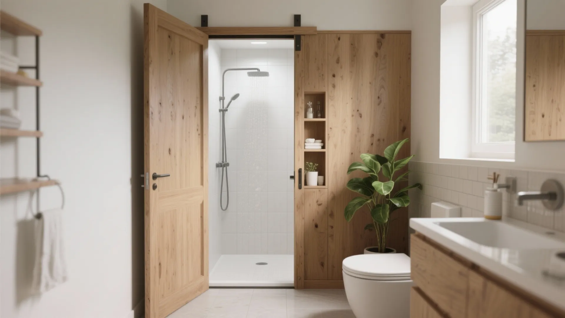 Modern bathroom with wood sliding door opening to a shower with white tiles and plant