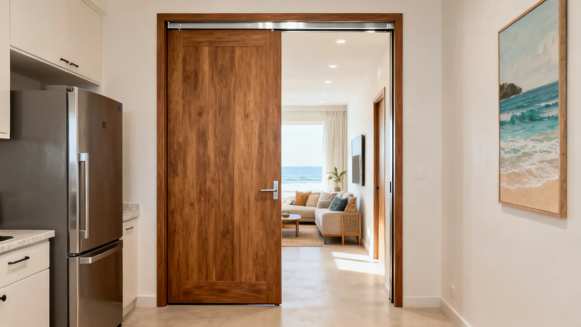 Pocket-sliding kitchen door tucked into a wall, freeing space in a compact Kerala home.
