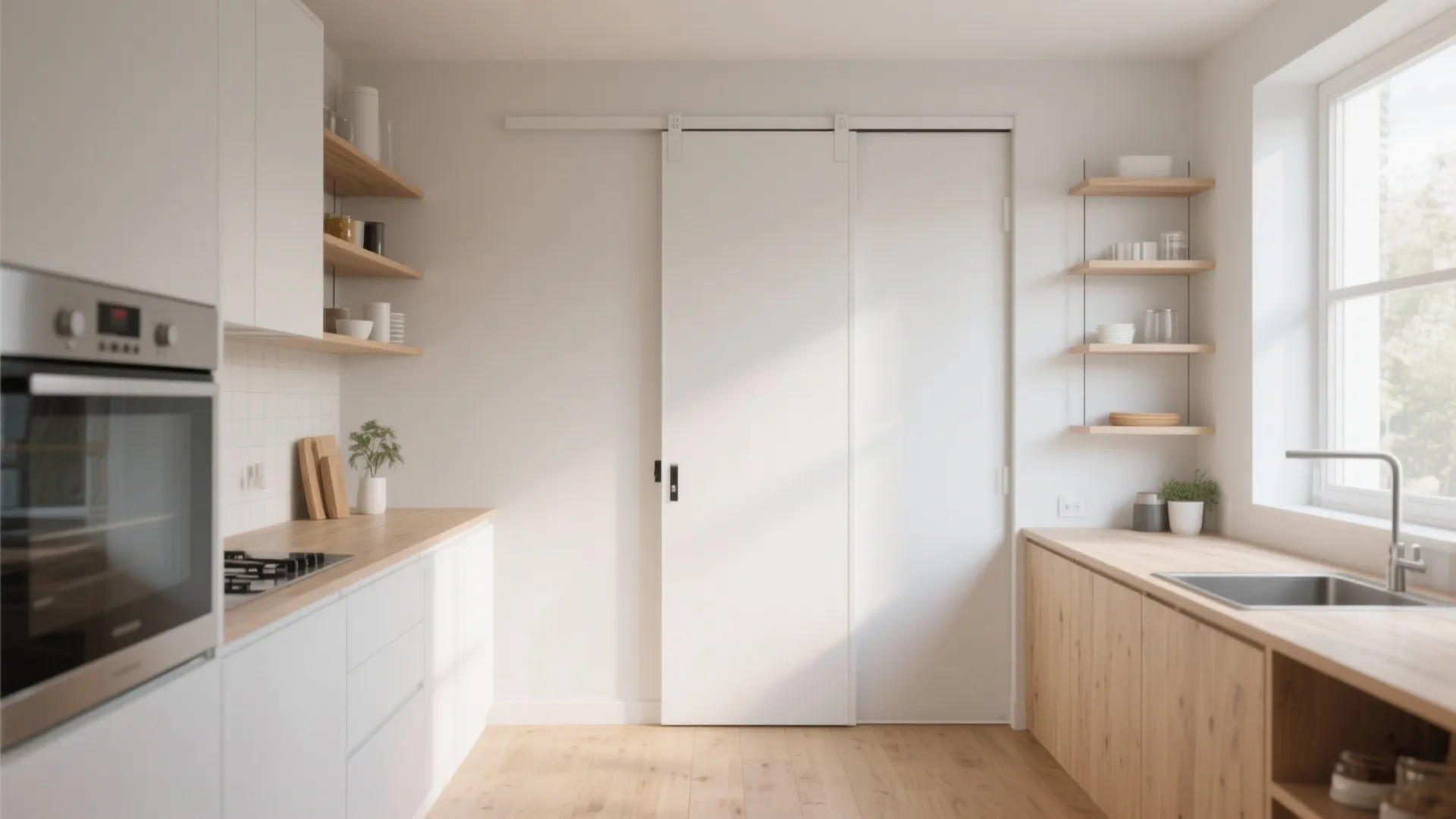 Modern bright kitchen interior with white sliding door wooden counter top sink oven and open shelves
