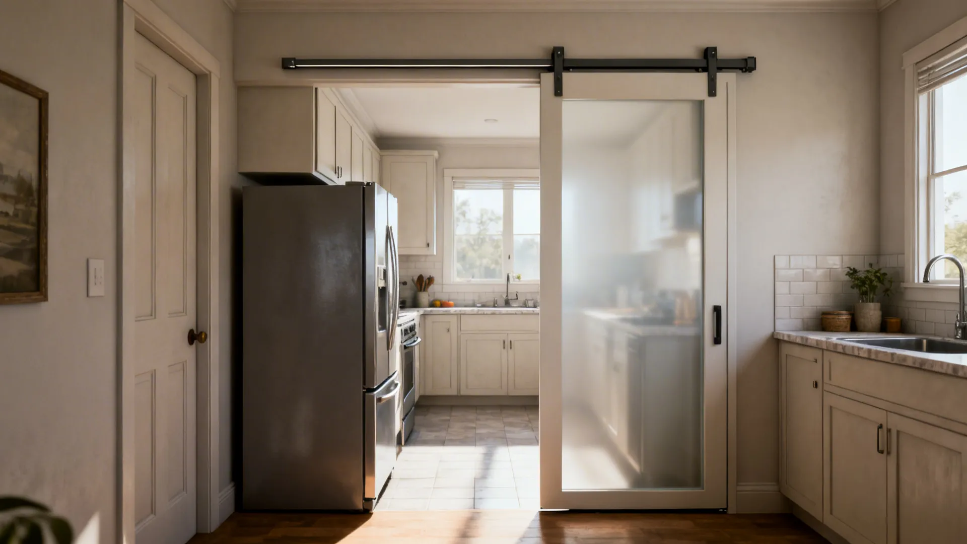Compact kitchen entrance with a pocket door clearing the fridge swing area.