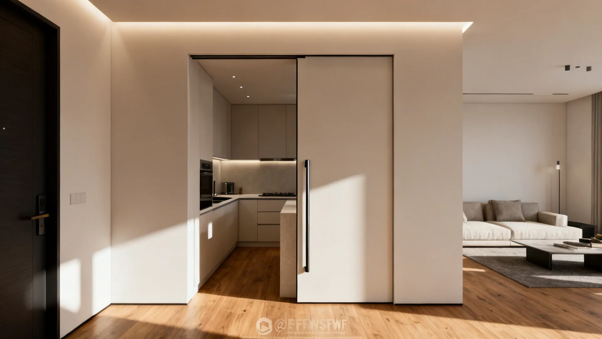 Full-height pocket door between kitchen and living room in a small apartment.