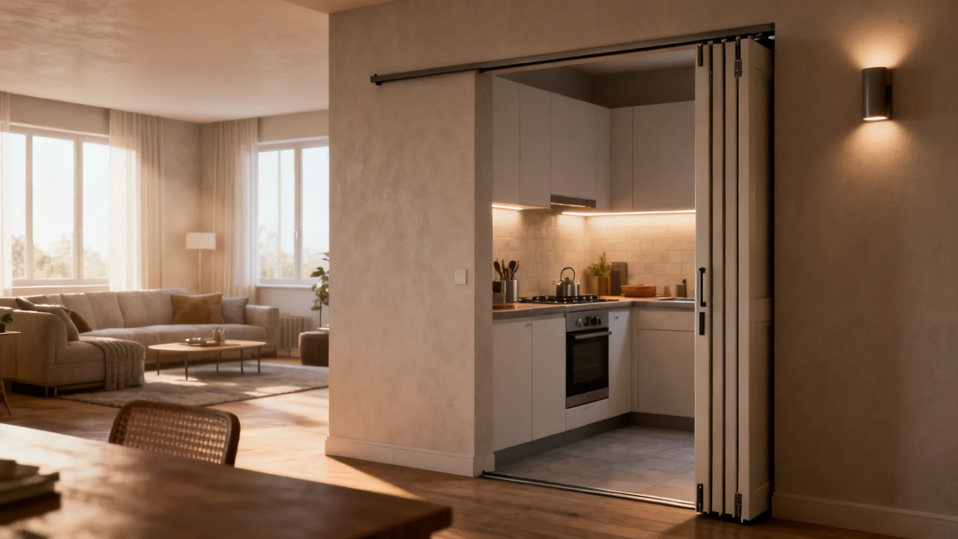 Small kitchen with a partially retracted pocket door opening to the living area