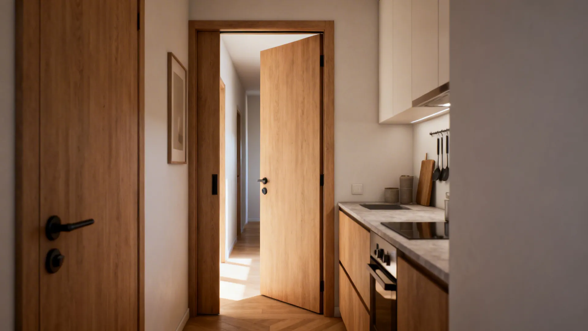 Small kitchen with pocket door open, showing improved counter and circulation space.