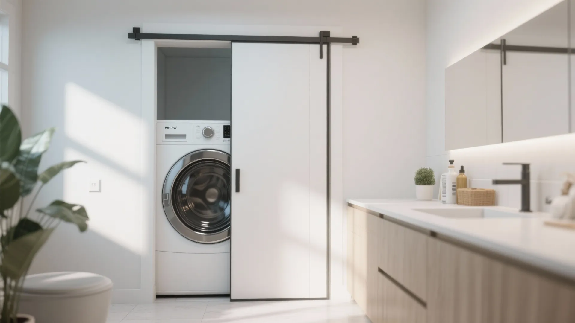 White sliding door partially covering a laundry alcove with a washing machine and wooden cabinets