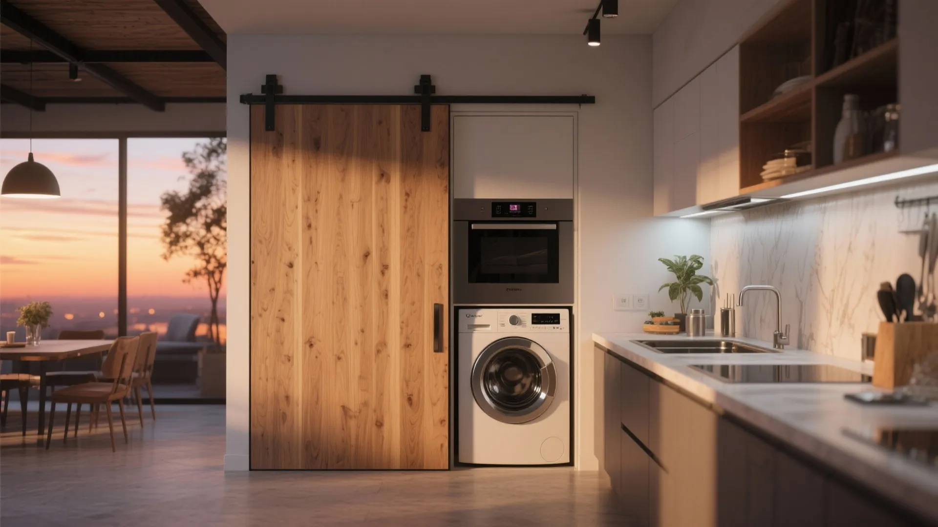 Modern kitchen with wood sliding door covering a laundry area including washer and built-in oven