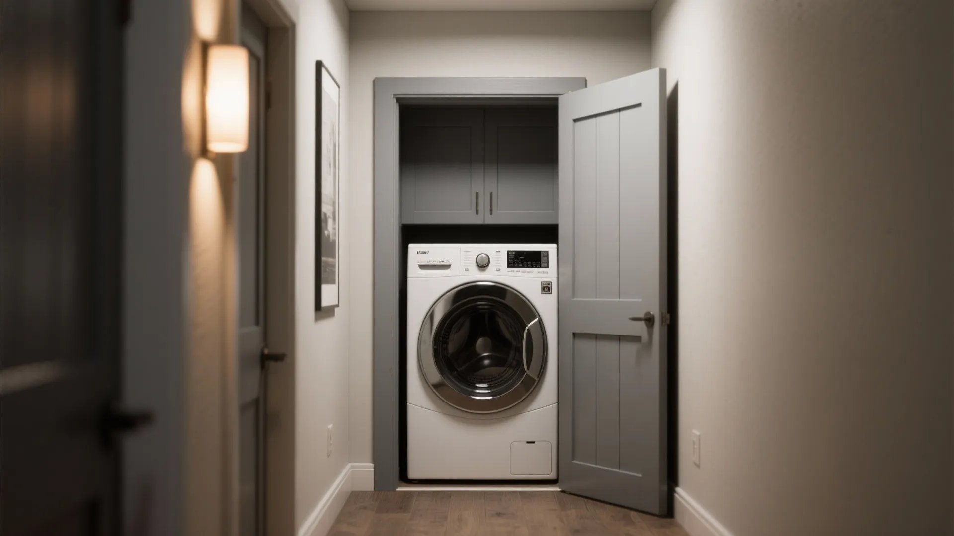 White washing machine inside a grey cabinet closet with open doors in a narrow hallway