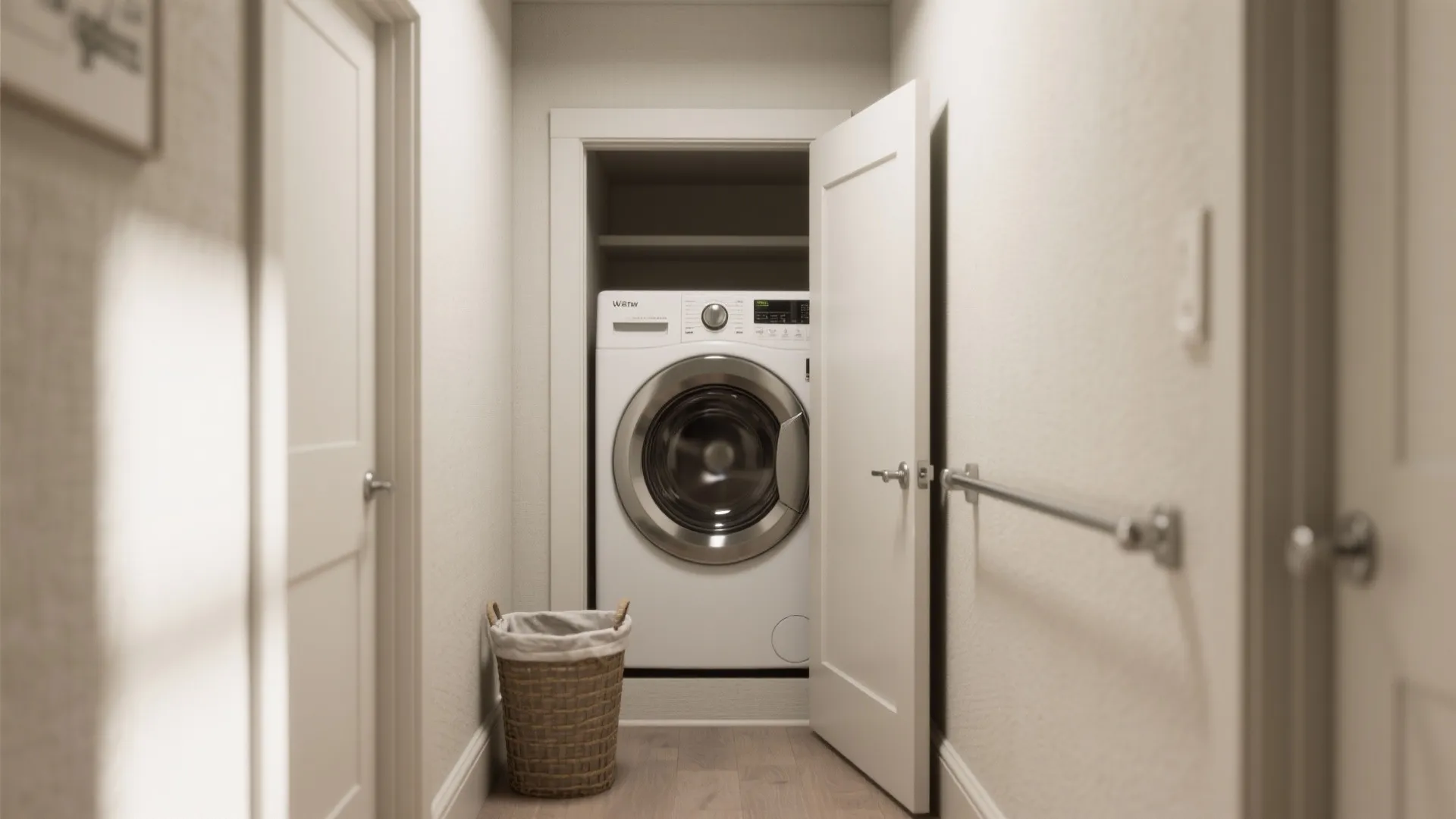 Modern white washing machine inside a small hallway closet with an open white wooden door