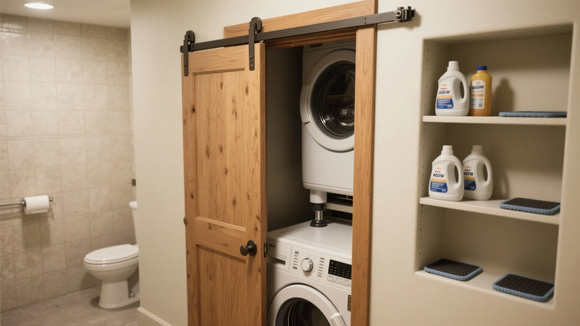 Stacked washing machines behind open wood sliding door next to a bathroom with a white toilet