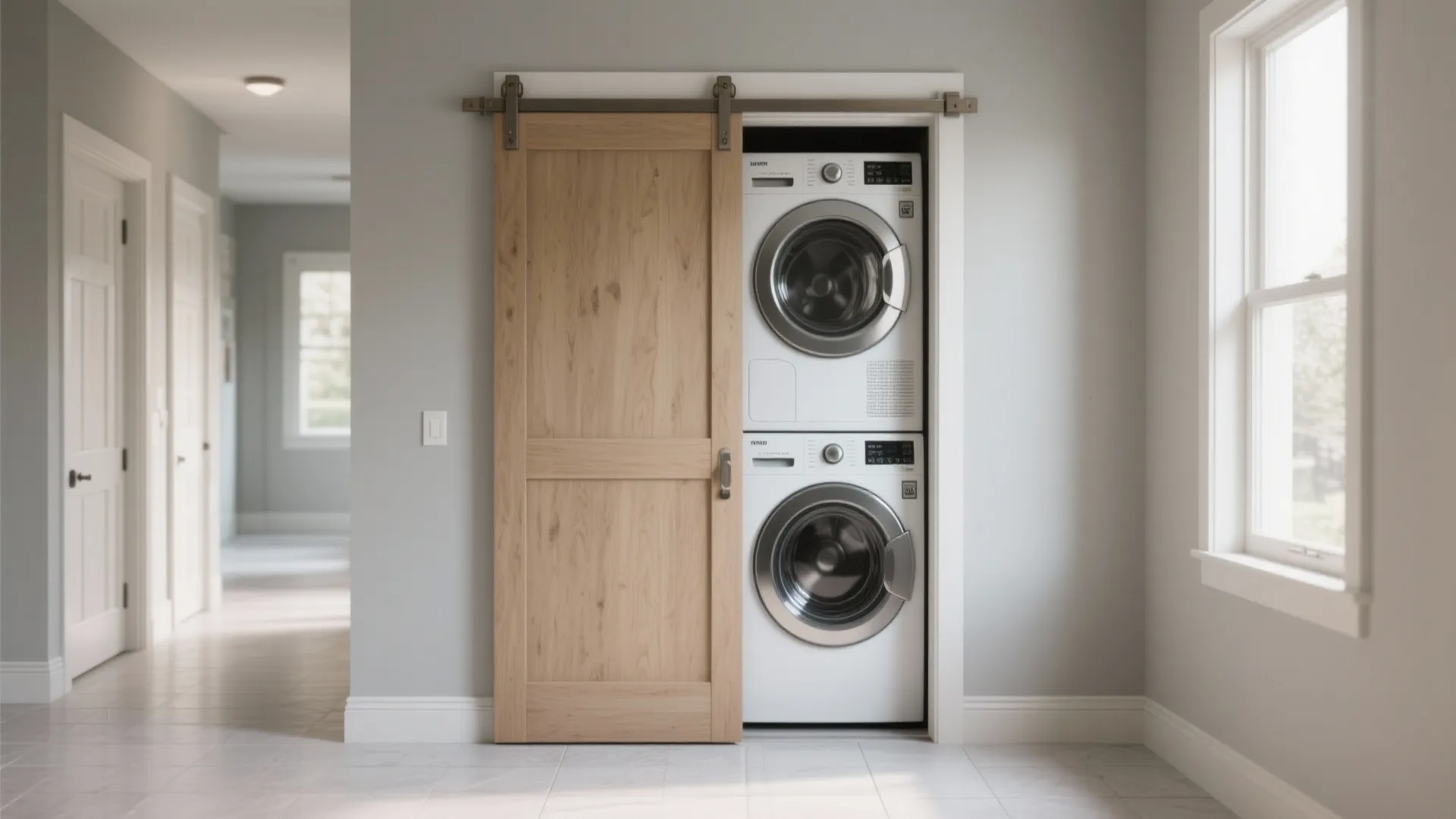 Modern laundry closet with wooden sliding door and stacked white washer and dryer in grey room