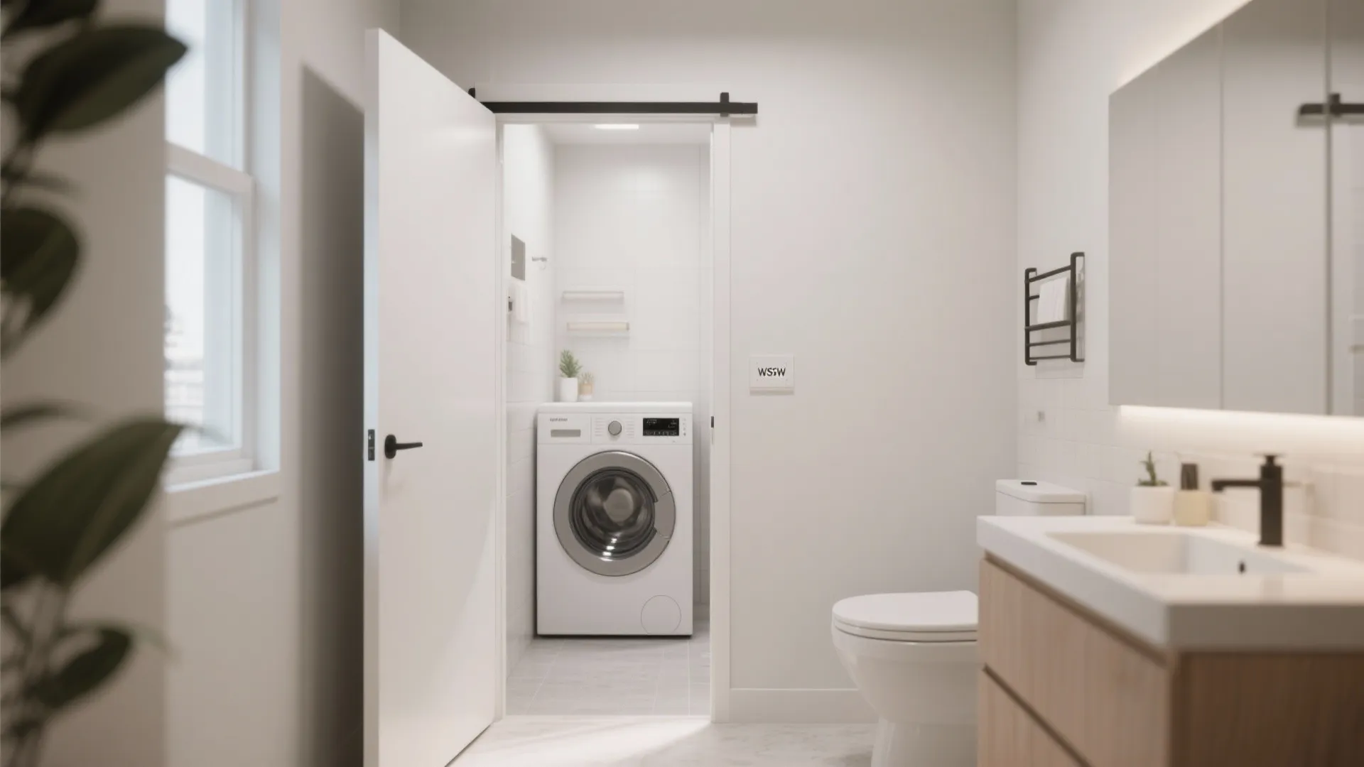 Modern bathroom with white walls featuring a washing machine visible through an open white door