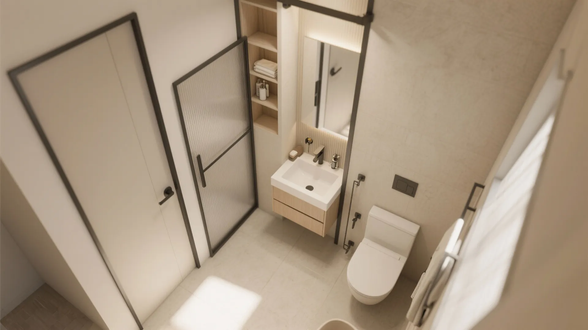 Modern small bathroom interior with white toilet sink cabinet glass shower door and wood shelves