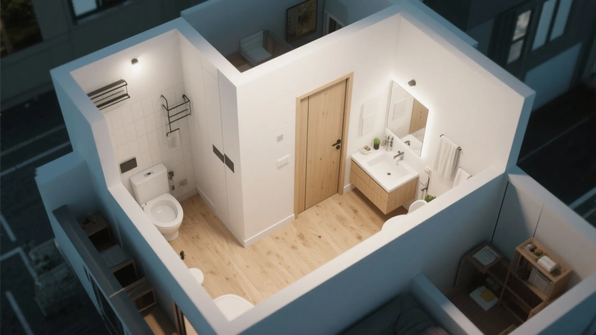 Interior design drawing showing a small bathroom layout with white walls and light wood flooring